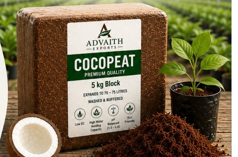 Advaith Exports 5 kg washed and buffered cocopeat block with loose coir pith, a coconut half and a seedling
