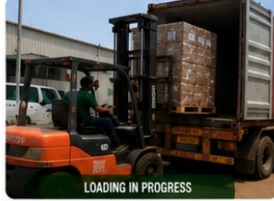 Forklift loading pallets into a container